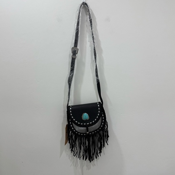 NWT Catchfly Studios Bohemian Western Fringe Crossbody Black Leather Bag - Picture 3 of 12